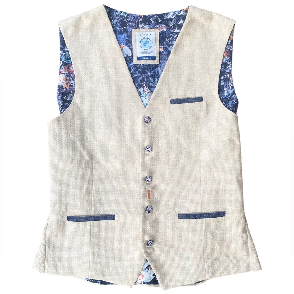 A FISH NAMED FRED Button Vest Polyester Linen Mens Size 40 Cream Beige Button